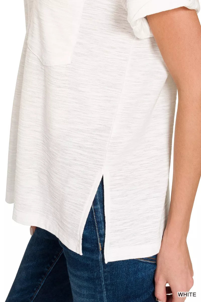 White Slub Rolled Short Sleeve V-Neck Pocket Tee for Women