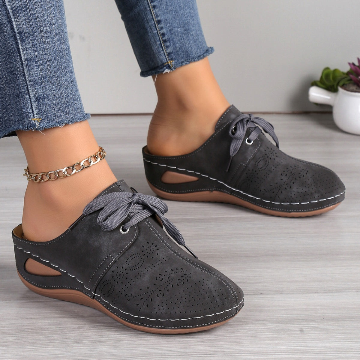 Women's Black Lace-Up Slip-On Mules Casual Comfort Wedge Shoes