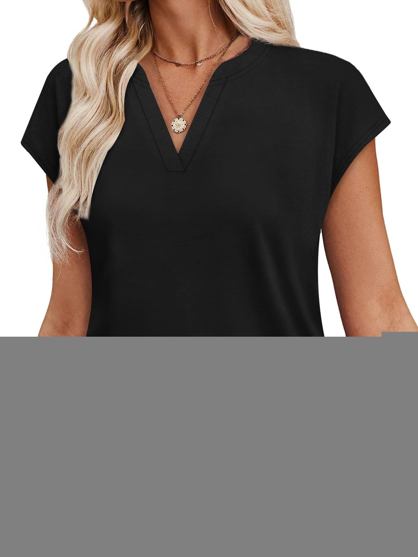 Women's Blue Notched Neck Short Sleeve Basic T-Shirt