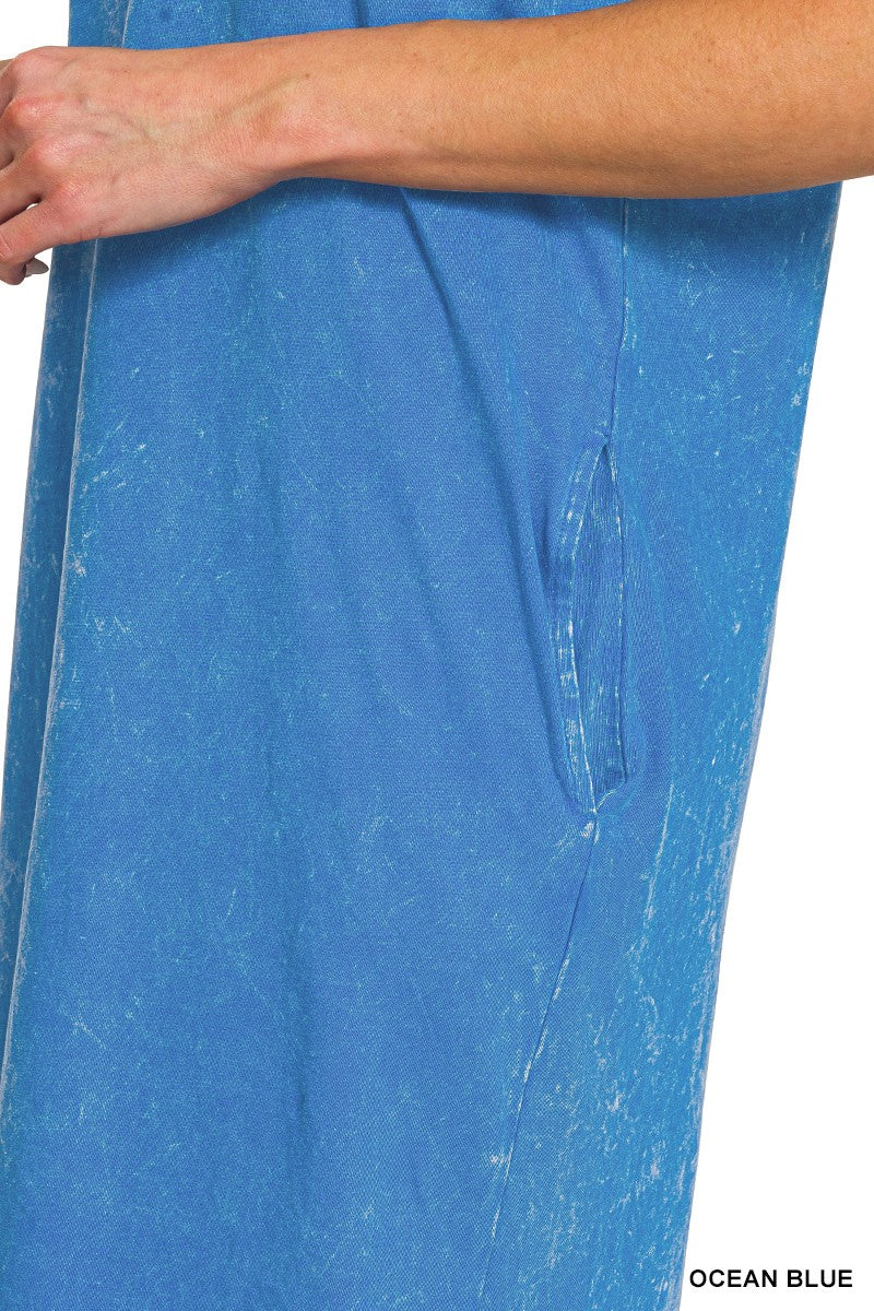 Zenana Washed Exposed Seam Knit T-Shirt Dress | Ocean Blue