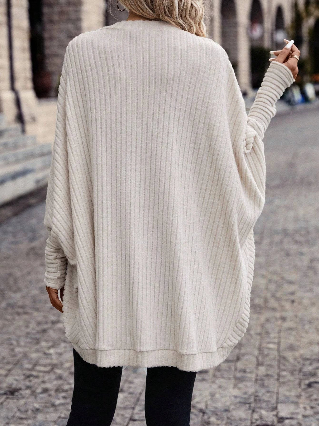 Women Solid Color Batwing Sleeve Open Front Casual Jacket