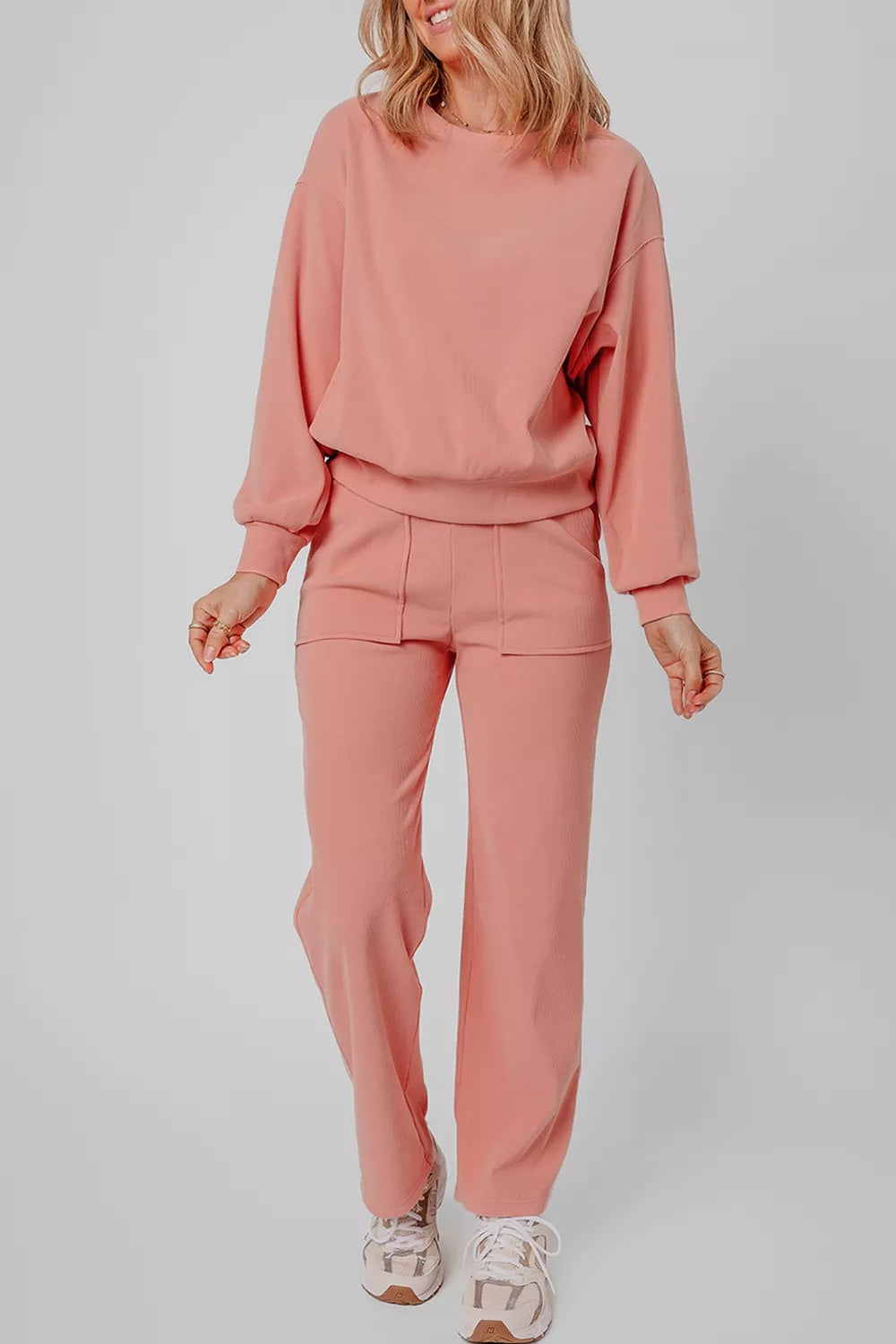 Women's Ribbed Round Neck Two-Piece Lounge Set with Pockets