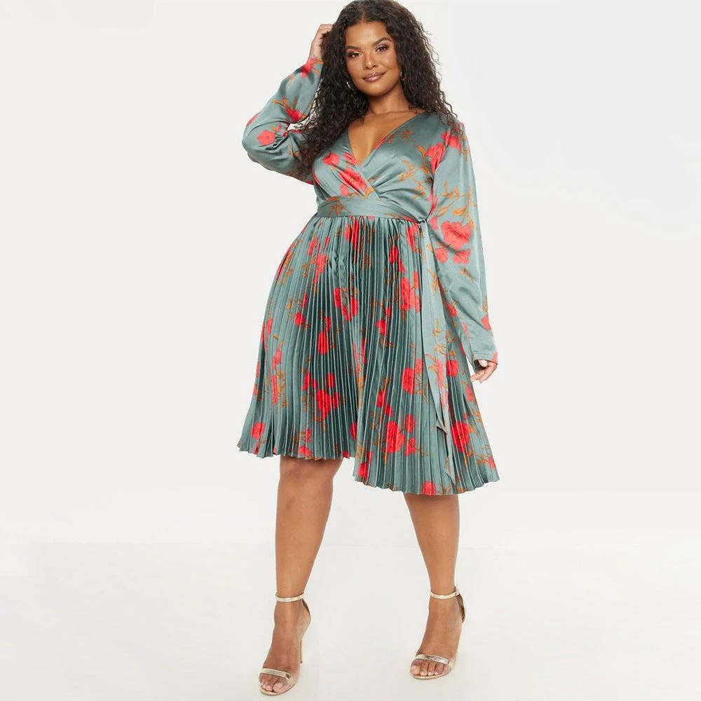 Deep V-neck Pleated Temperament Dress Women
