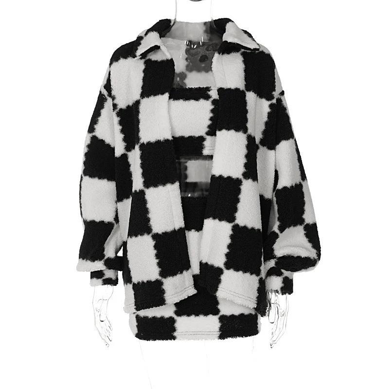 Black And White Plaid Coat and Skirt Set