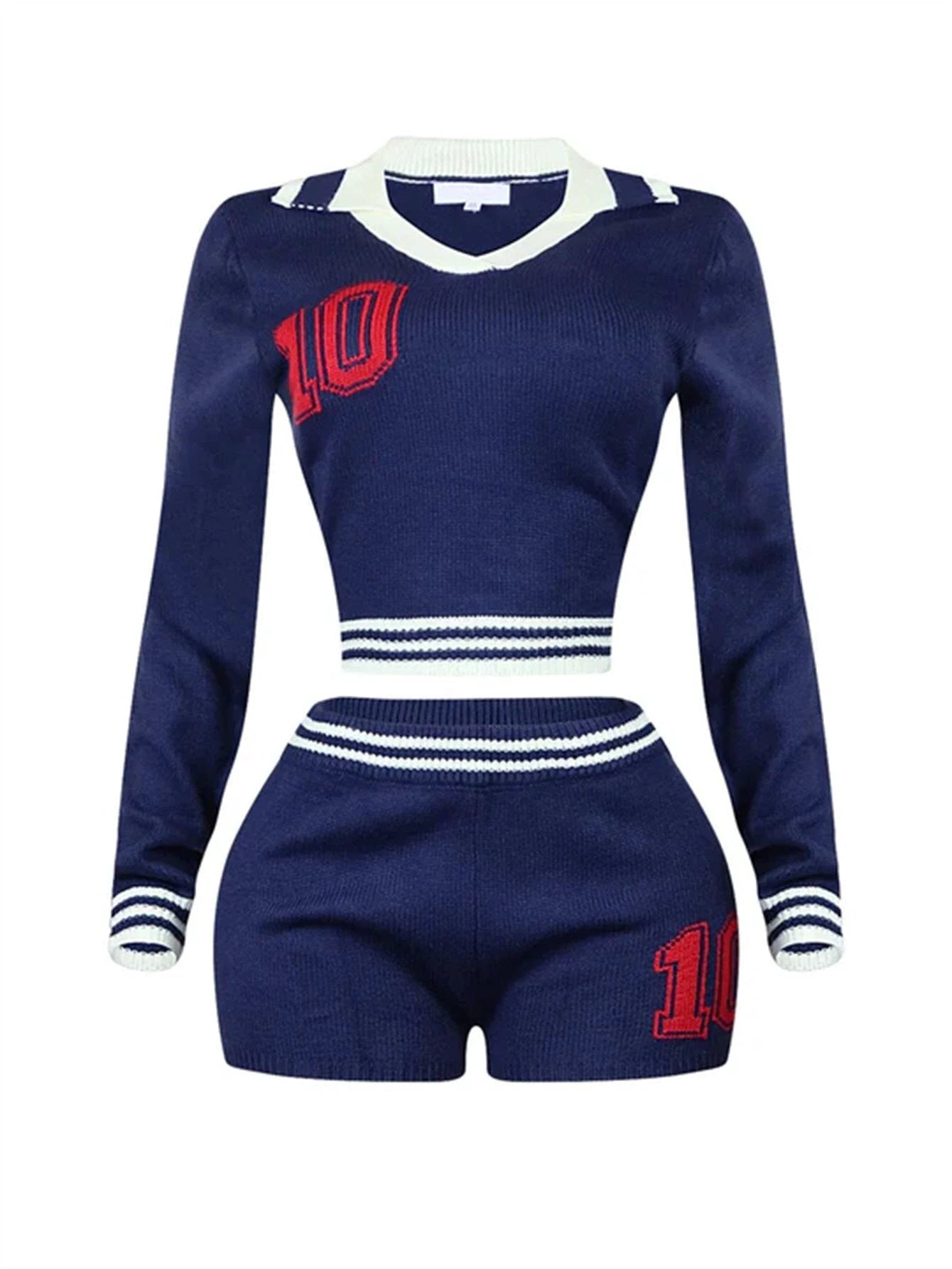 Lapel Girls Contrast Color Stretch Long Sleeve Top Shorts Suit Women
