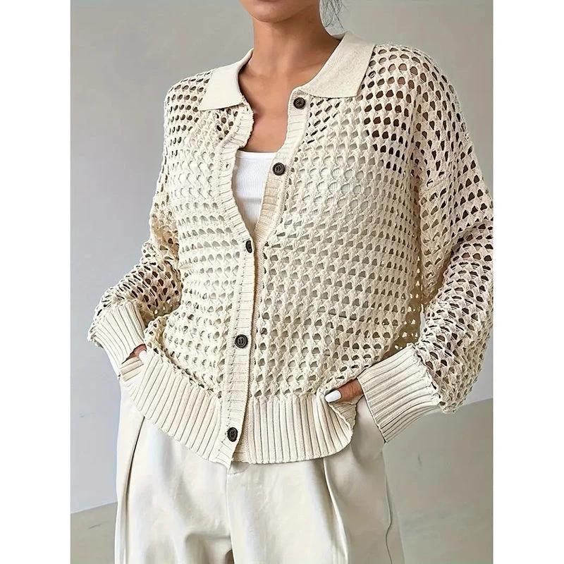 Women's Plus Size Cardigan Lightweight Hollow Out V-Neck Button Down Long Sleeve Knit Coat, 0XL-4XL