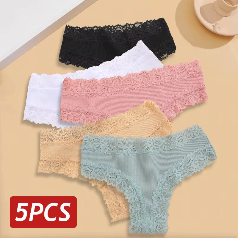 5Pcs/Set Women Lace Seamless Cotton Panties Sexy Brazilian Pants Ribbed Breathable Girls Underwear Soft plus Size Lingerie S-XL