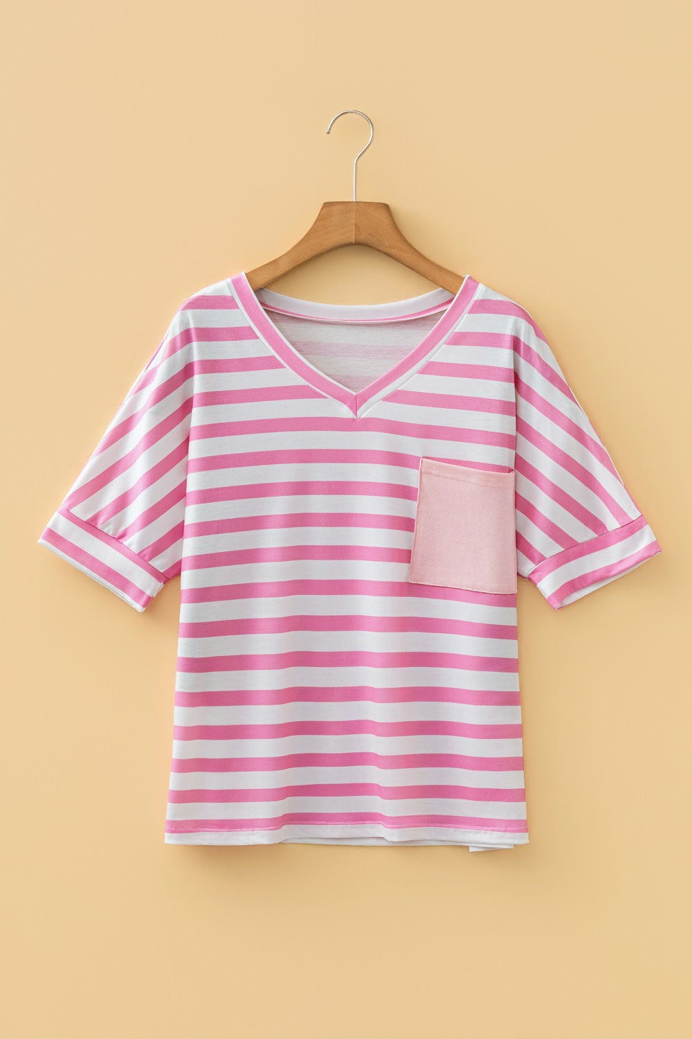 Women Striped V Neck Short Sleeve Casual T Shirt with Pocket