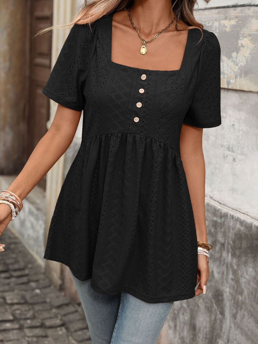 Women's Eyelet Square Neck Short Sleeve Ruched Peplum Top