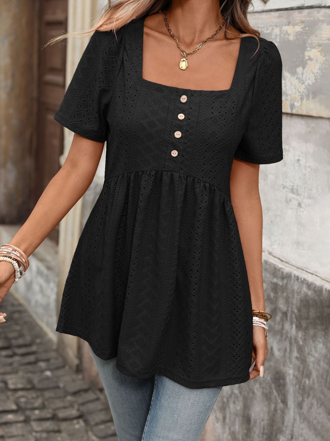 Women's Eyelet Square Neck Short Sleeve Ruched Peplum Top