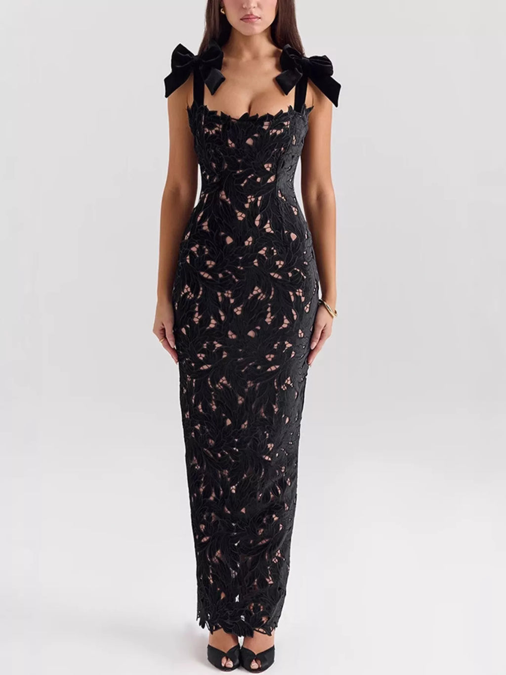 Black Lace Maxi Dress with Tie Shoulder Detail