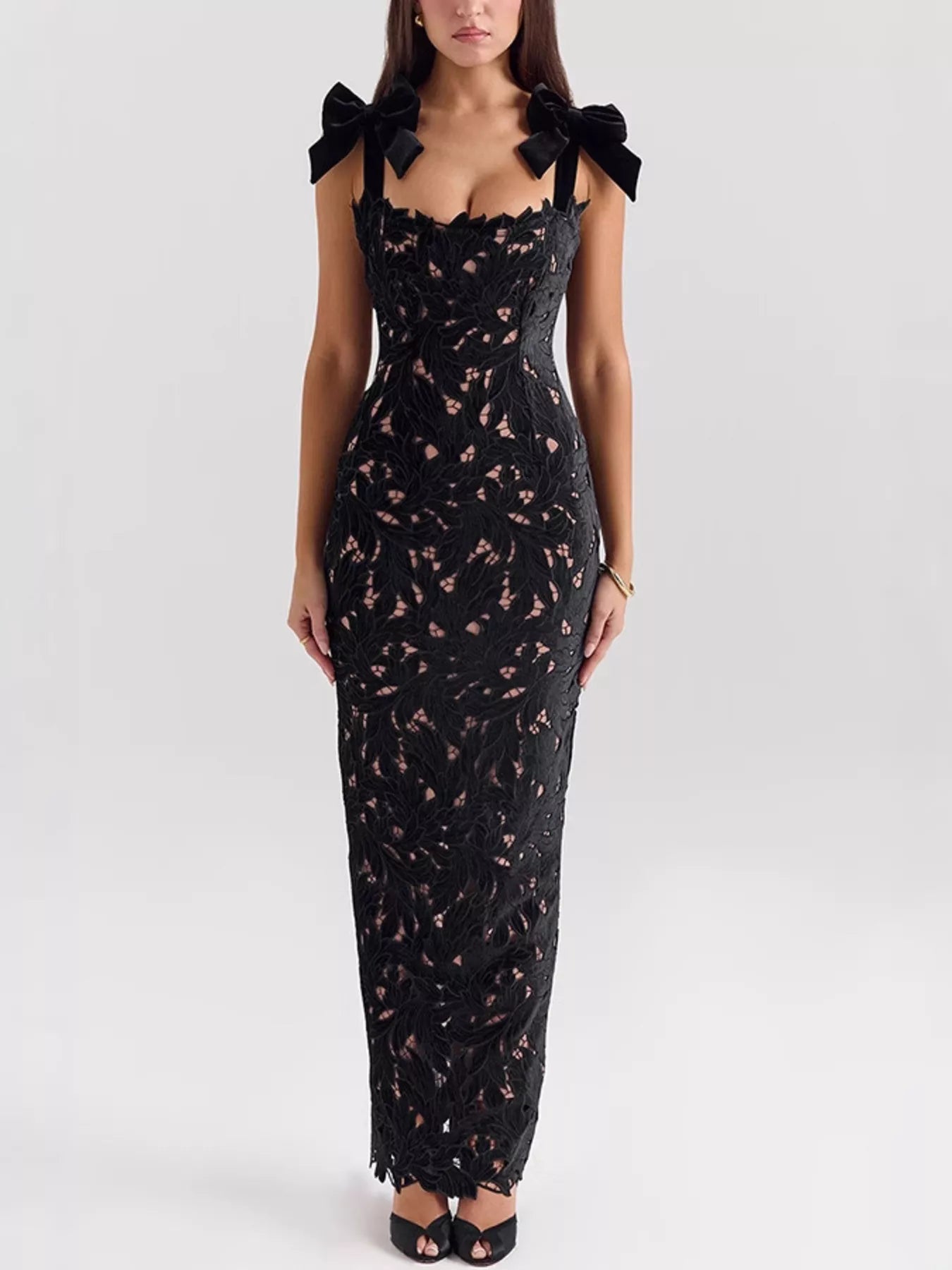 Black Lace Maxi Dress with Tie Shoulder Detail