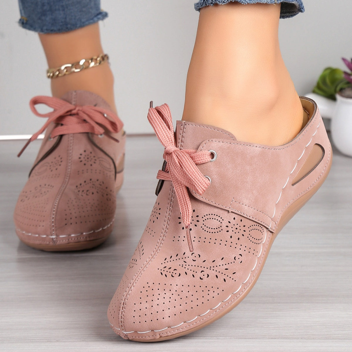 Women's Black Lace-Up Slip-On Mules Casual Comfort Wedge Shoes