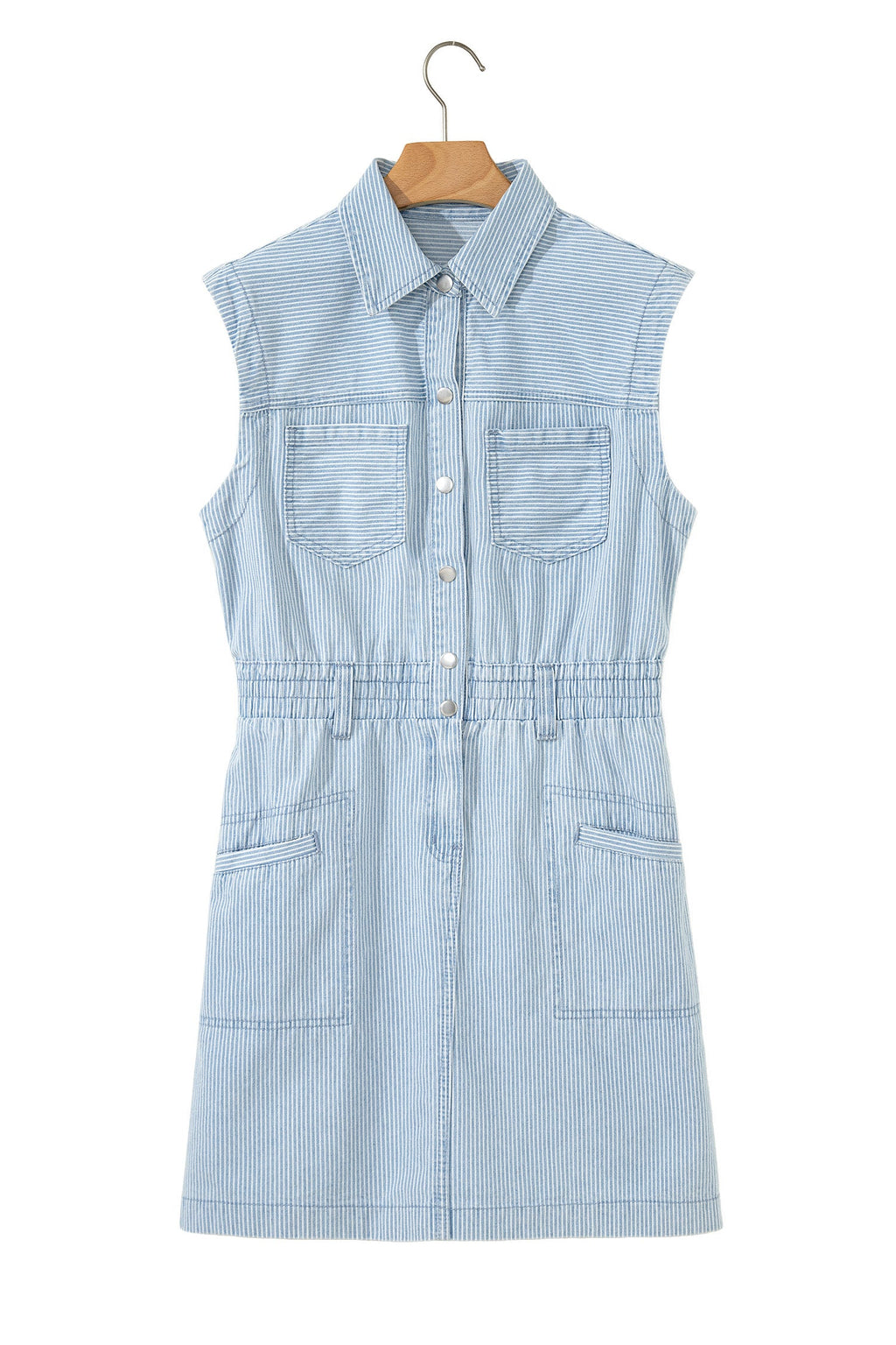 Sky Blue Stripe Collared Button Front Sleeveless Denim Mini Dress