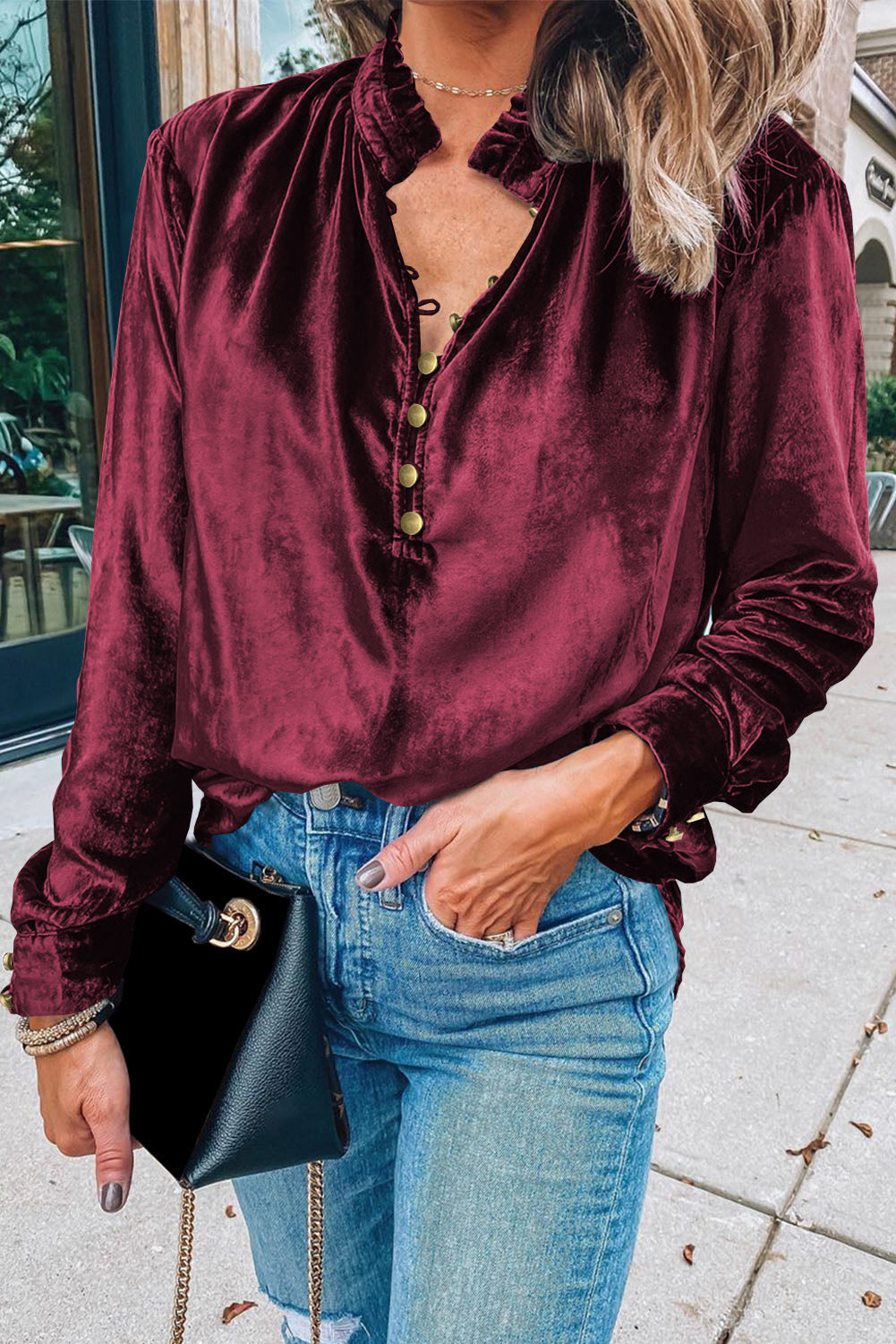 Green Frilled Neck Buttoned Front Velvet Women's Top