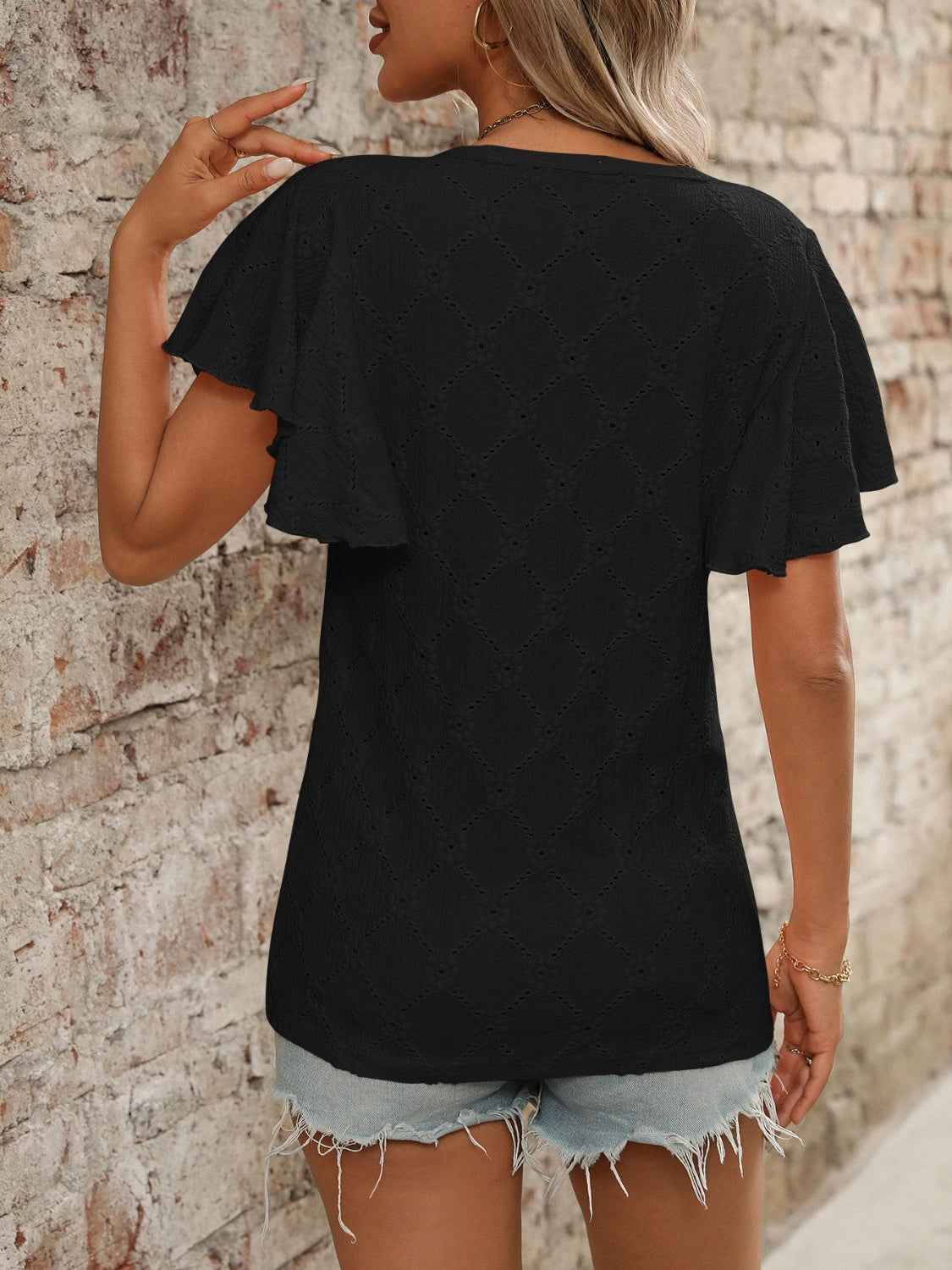 Eyelet Flutter Sleeve Round Neck Top