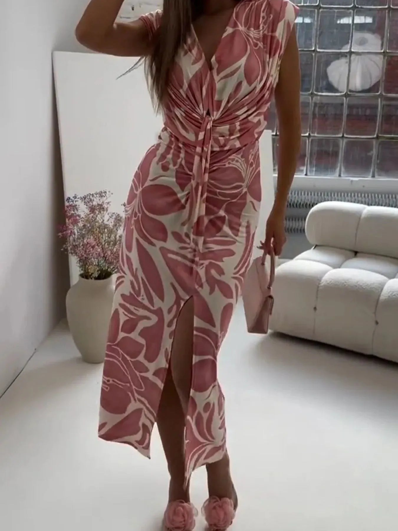 Full Size Slit Printed V-Neck Midi Dress for Plus Size Women - Stylish Plus Size Midi Dress