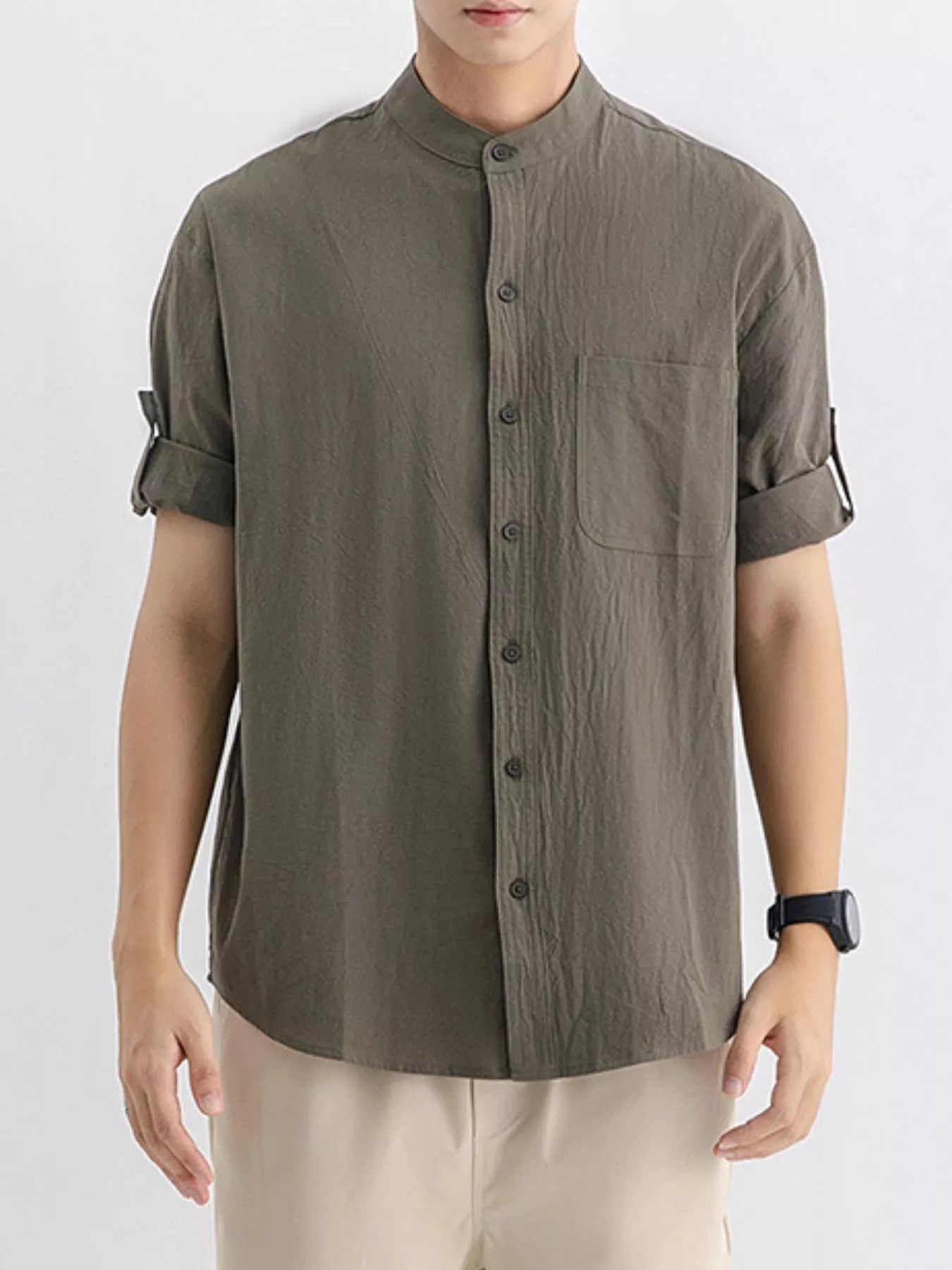 Men's Plus Size Casual Button Up Roll Up Sleeve Shirt