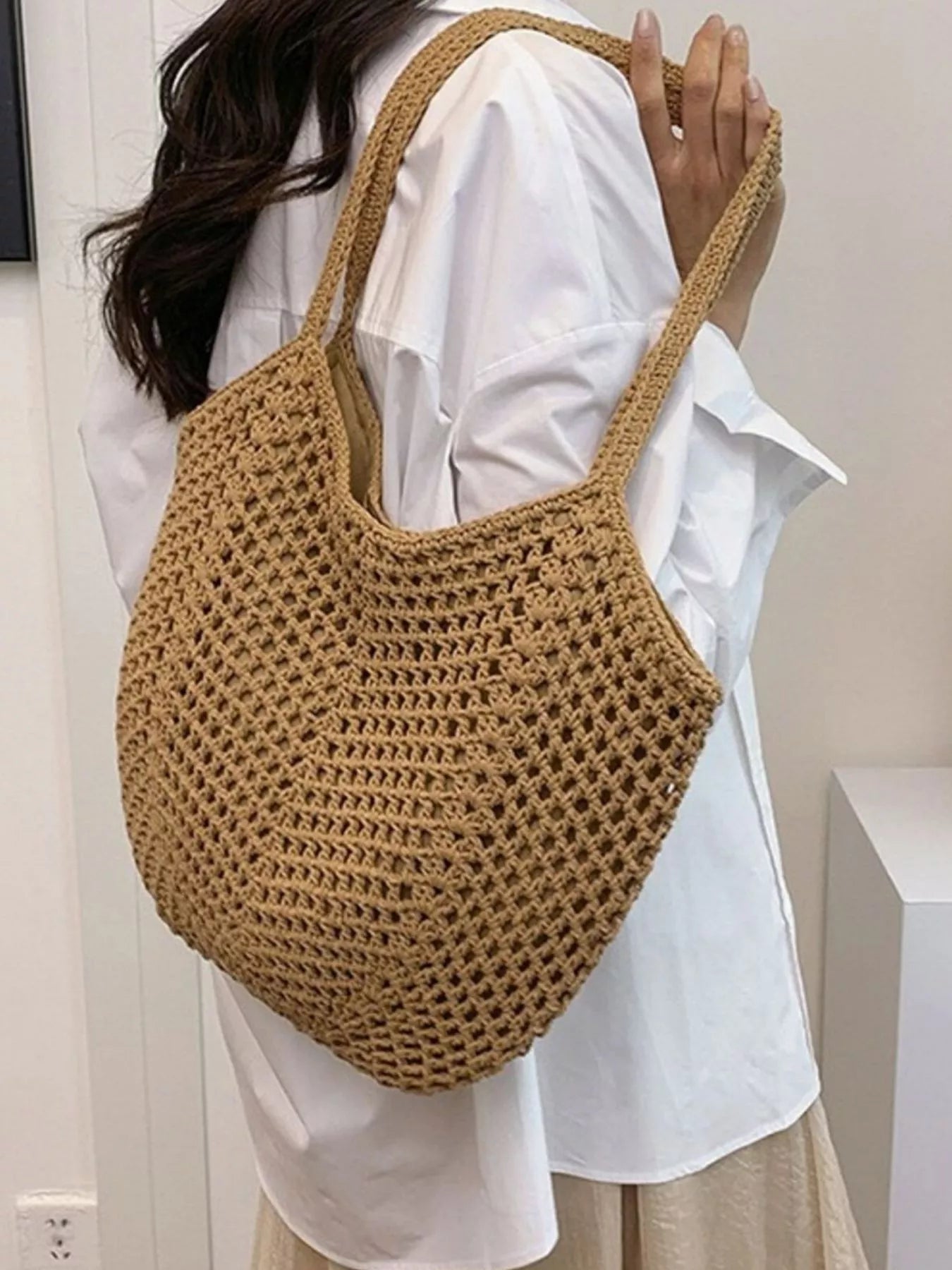 Large Woven Straw Shoulder Bag in Natural Beige
