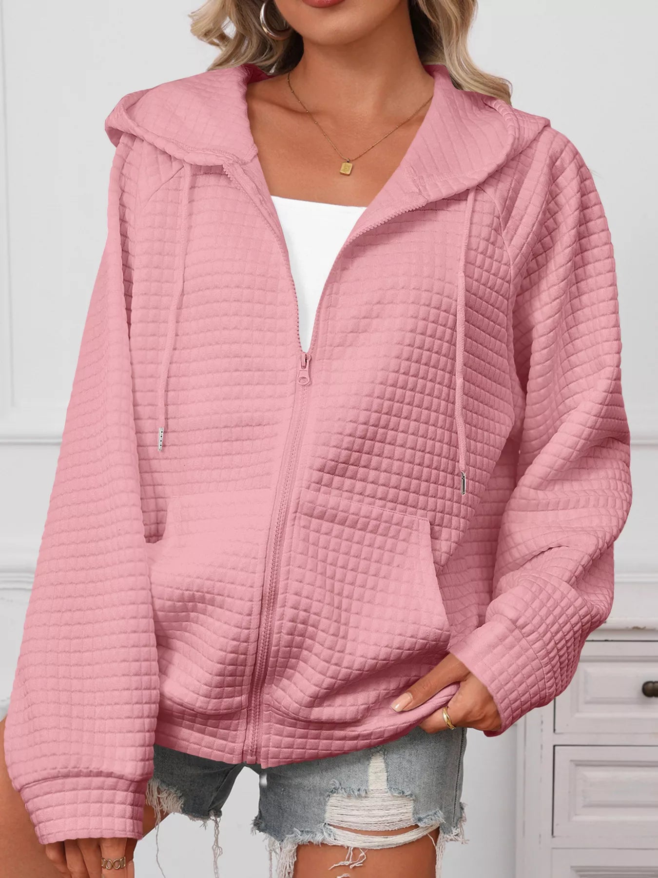 White Quilted Zip-Up Hooded Jacket with Drawstring