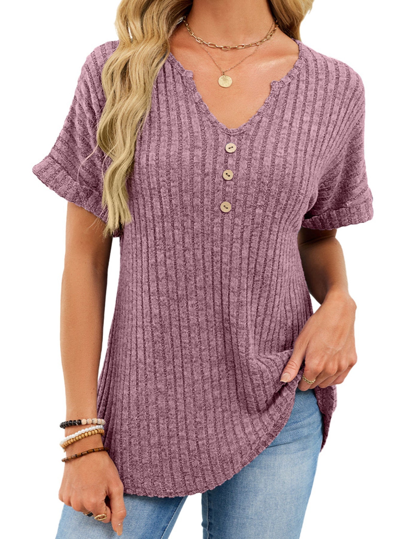 Women's Ribbed Knit Short Sleeve V-Neck T-Shirt with Buttons