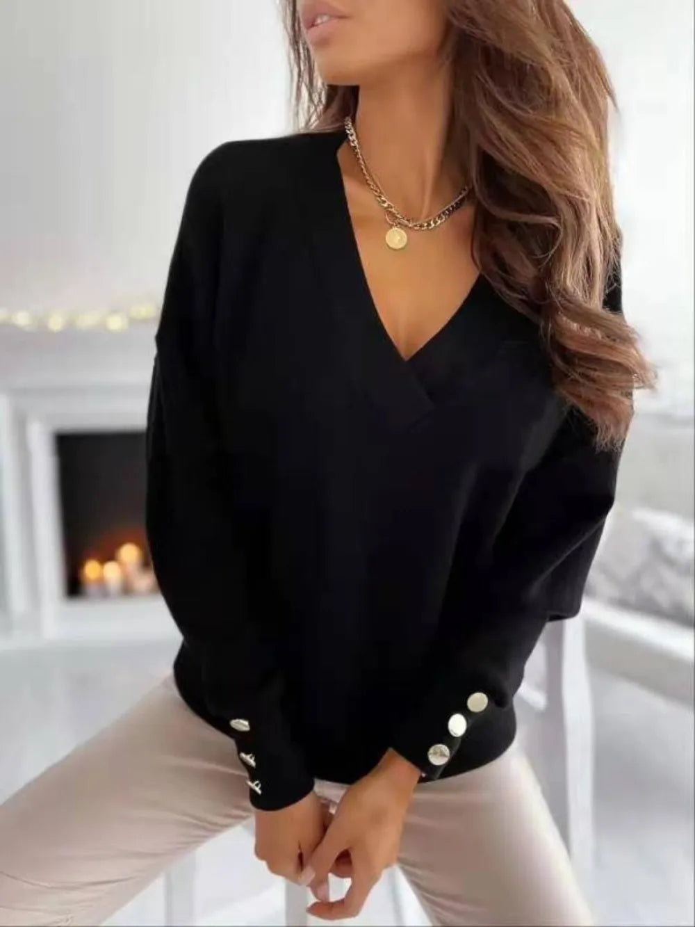 V-Neck Long Sleeve Women's Sweatshirt