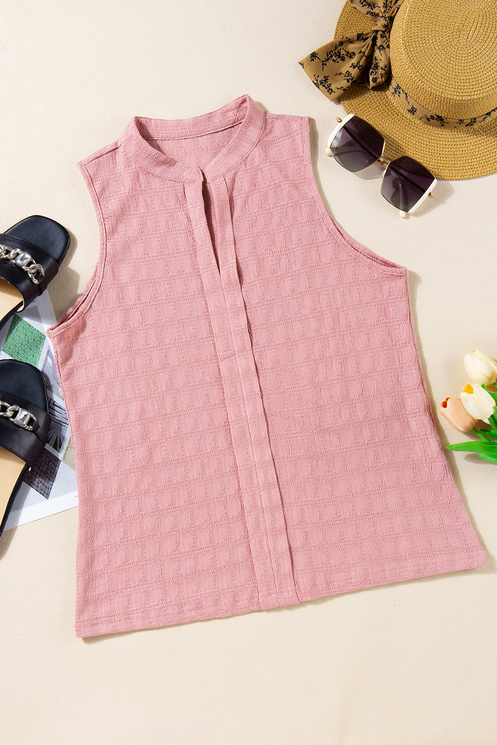 Sleeveless Top - Textured Split V Neck Women's Blouse