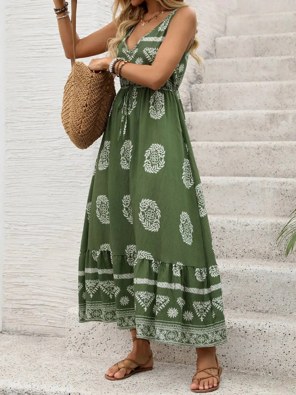 Printed V-Neck Sleeveless Dress for Effortless Style