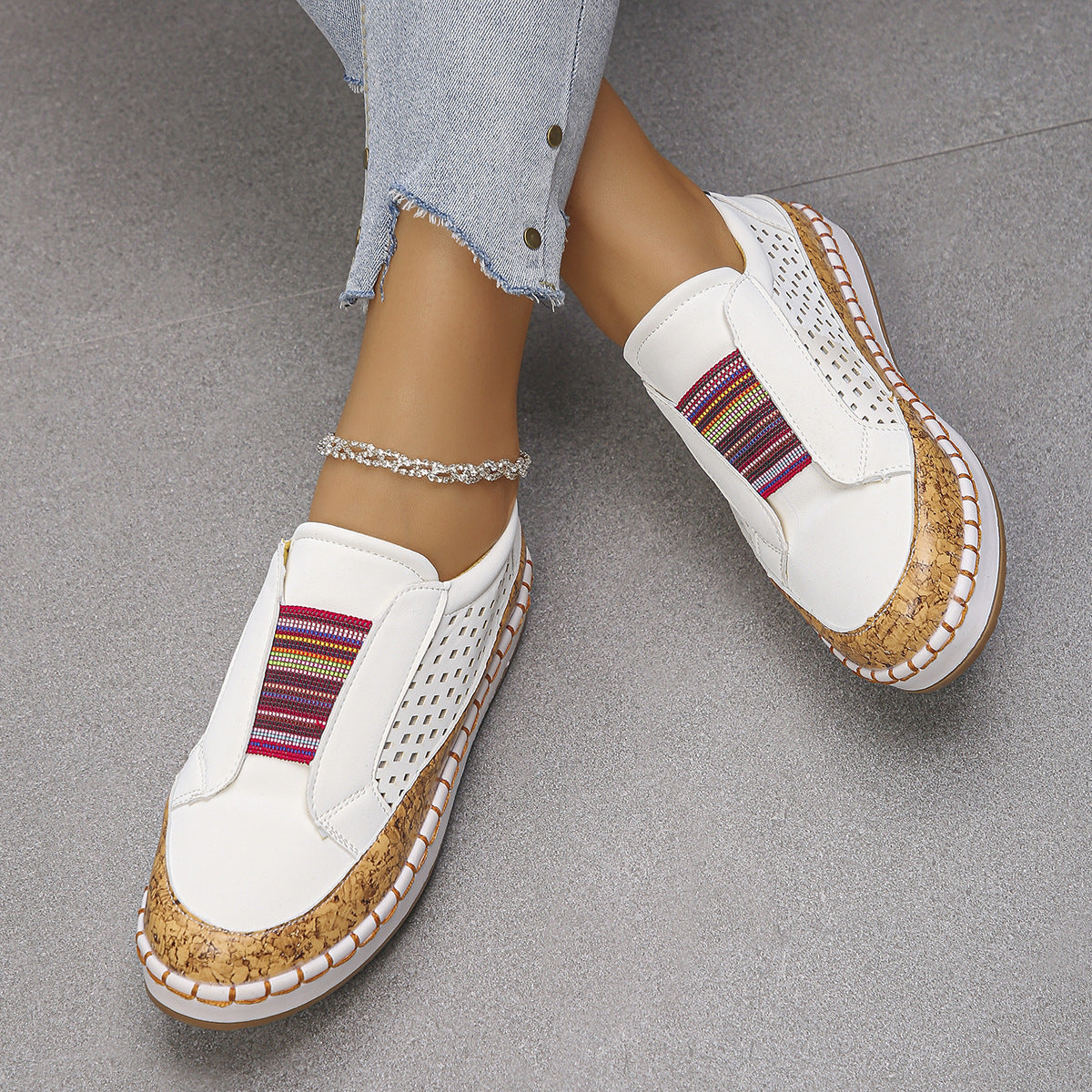 Women's Casual Slip-On Walking Sneakers with Cork Trim Detail