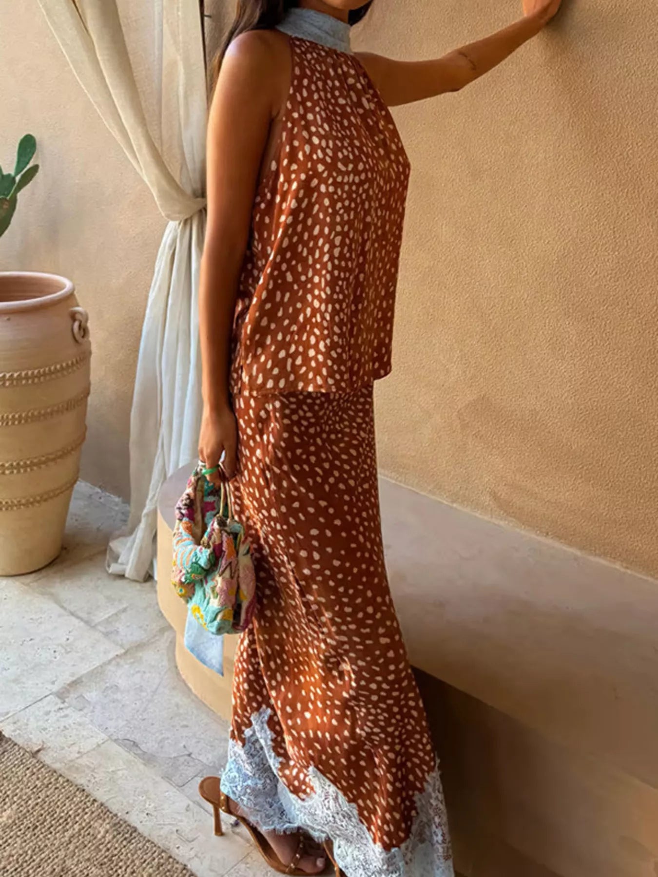 Brown Polka Dot Sleeveless Top and Lace Detail Skirt Set