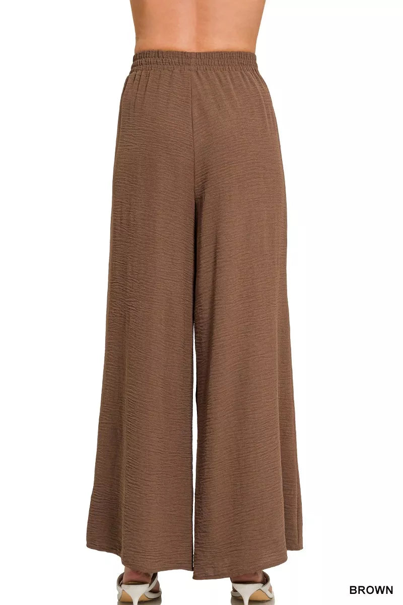 Women's Brown Airflow Wide Leg Pants with Elastic Waistband
