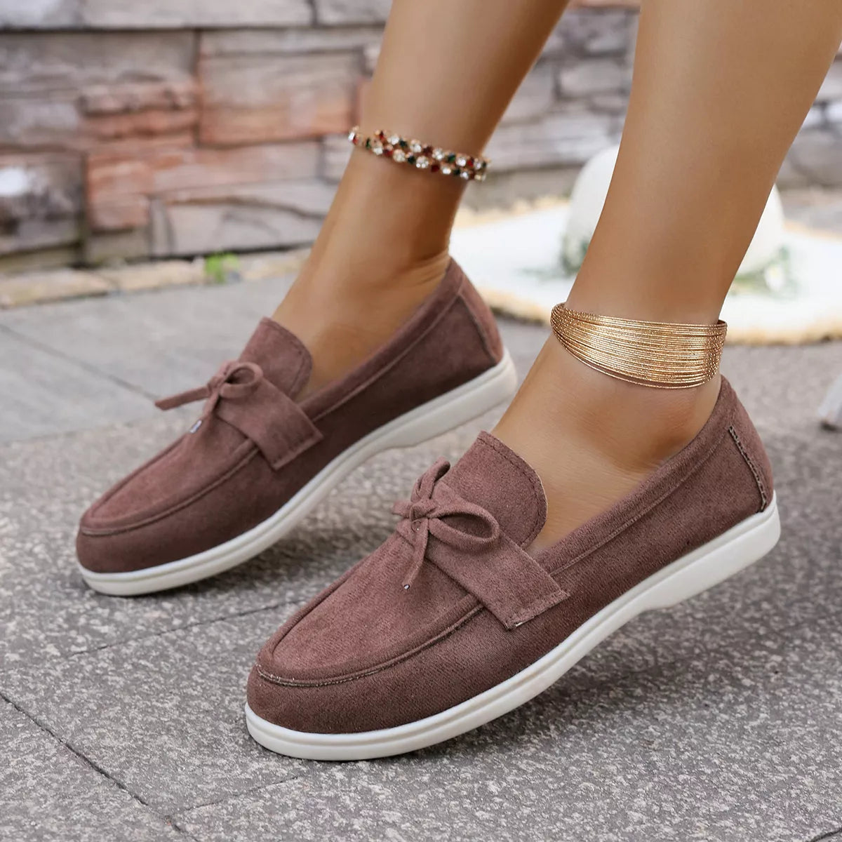 Women's Gray Suede Bow Slip-On Flats Round Toe Casual Shoes