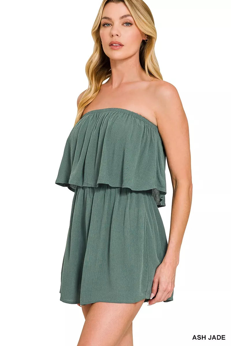 Woven Crinkle Strapless Romper in Ash Jade Boho Summer Style