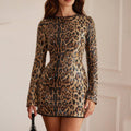 Round Neck Leopard Print Sequin Long Sleeve Sexy Dress