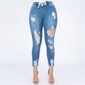 Distressed Denim Plus Joggers with Drawstrings