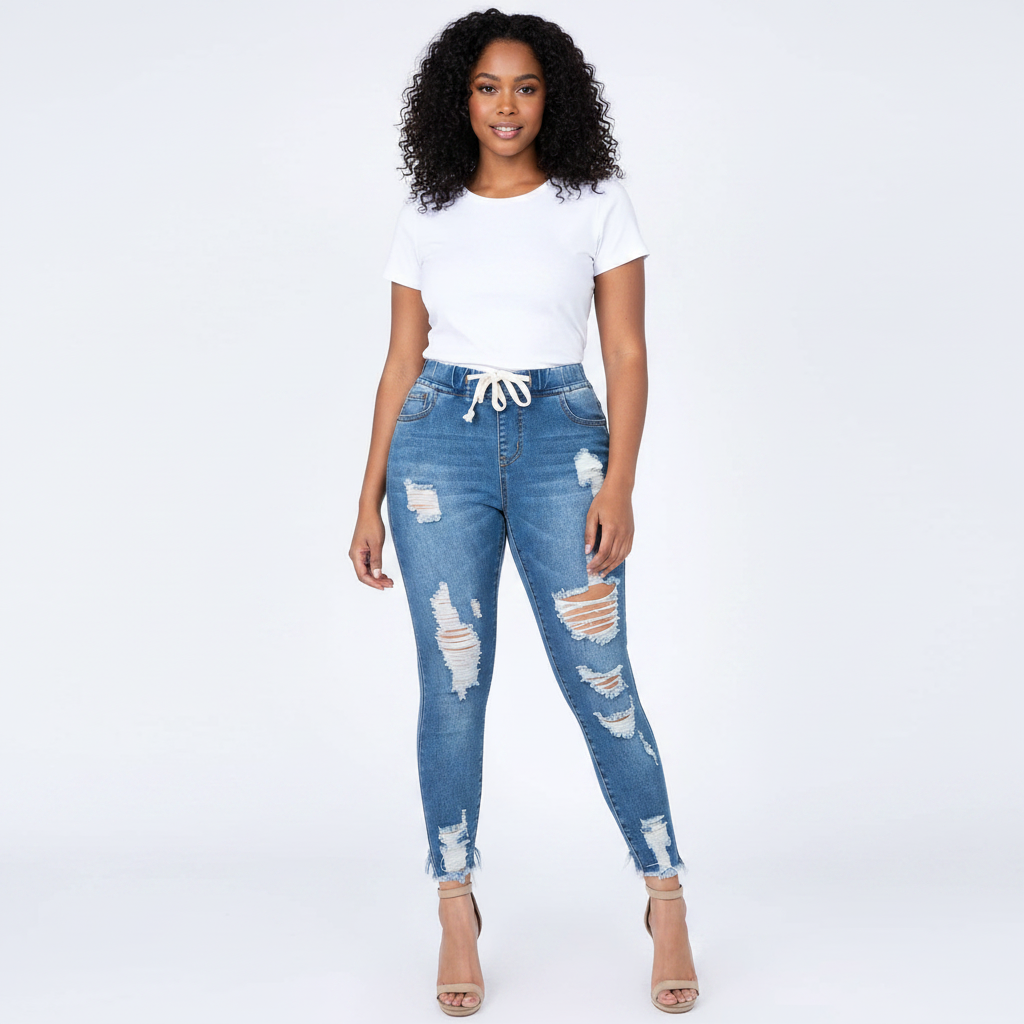Distressed Denim Plus Joggers with Drawstrings