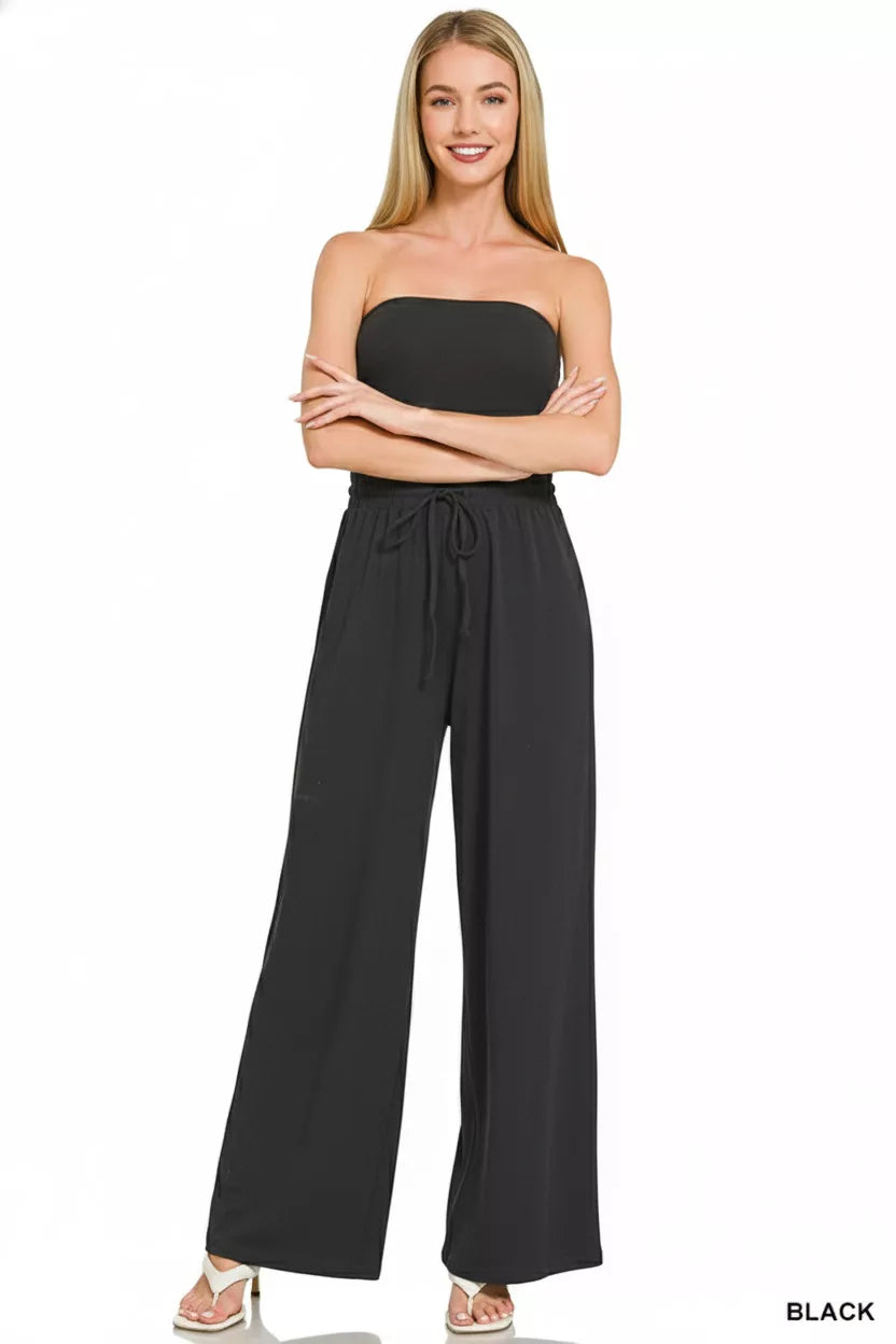 Women's Strapless Wide-Leg Tube Top Jumpsuit with Drawstring Waist