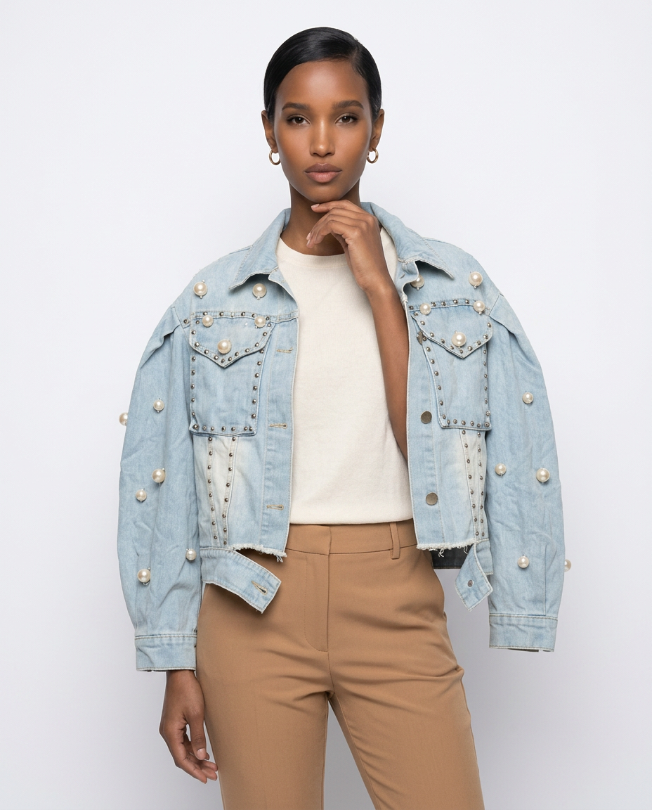 Pearl & Stud Embellished Denim Jacket