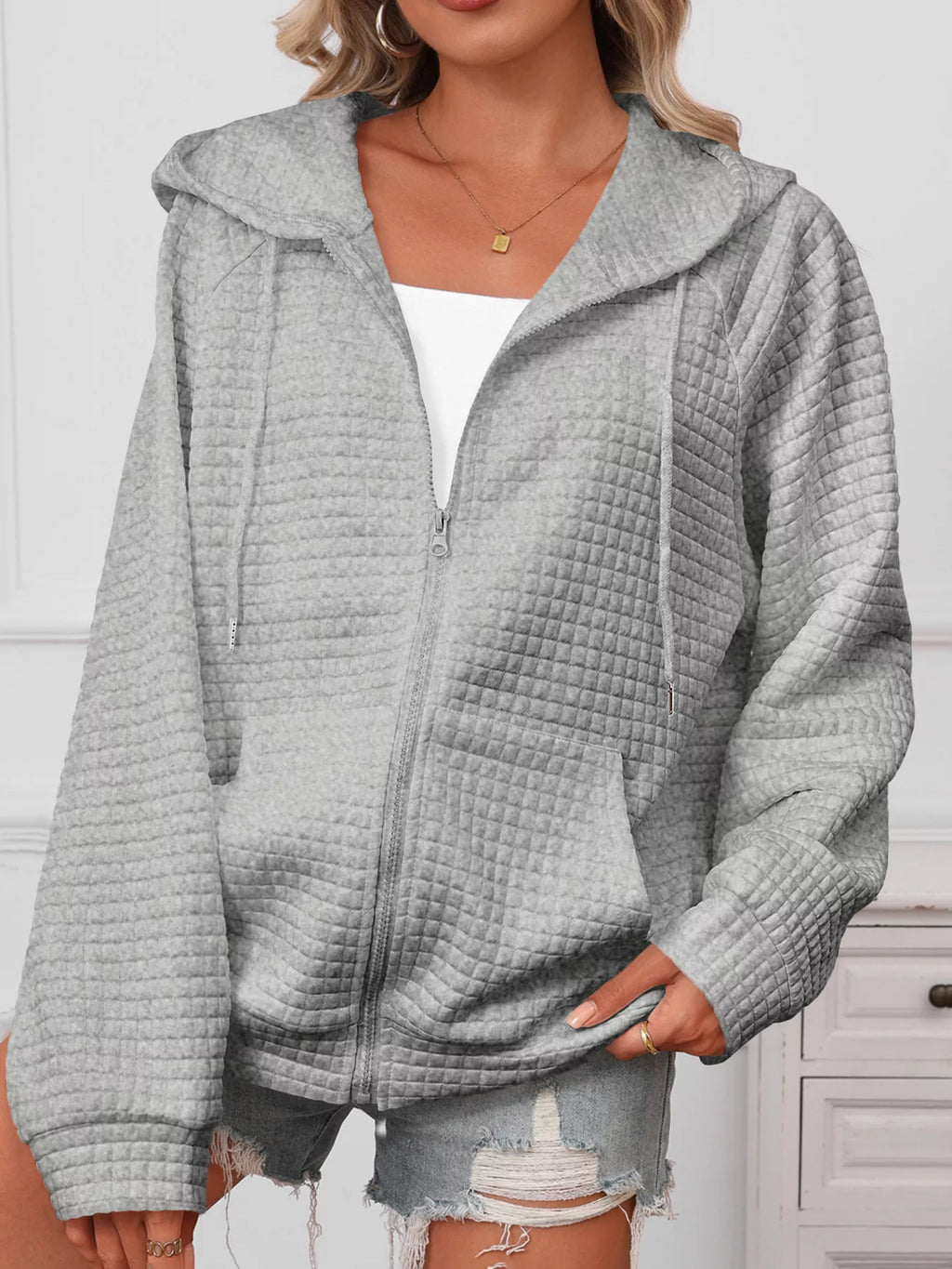 White Quilted Zip-Up Hooded Jacket with Drawstring