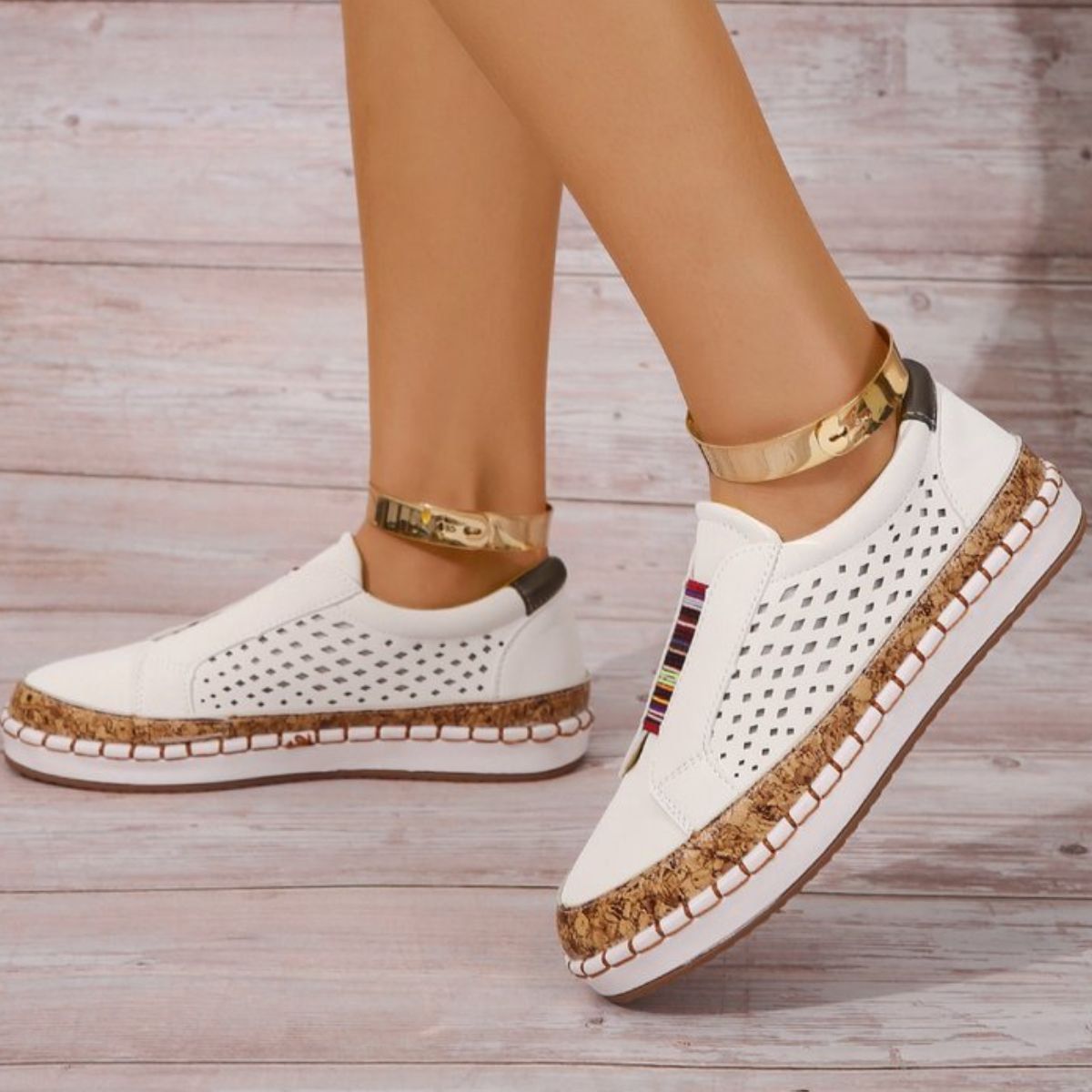 Women's Casual Slip-On Walking Sneakers with Cork Trim Detail