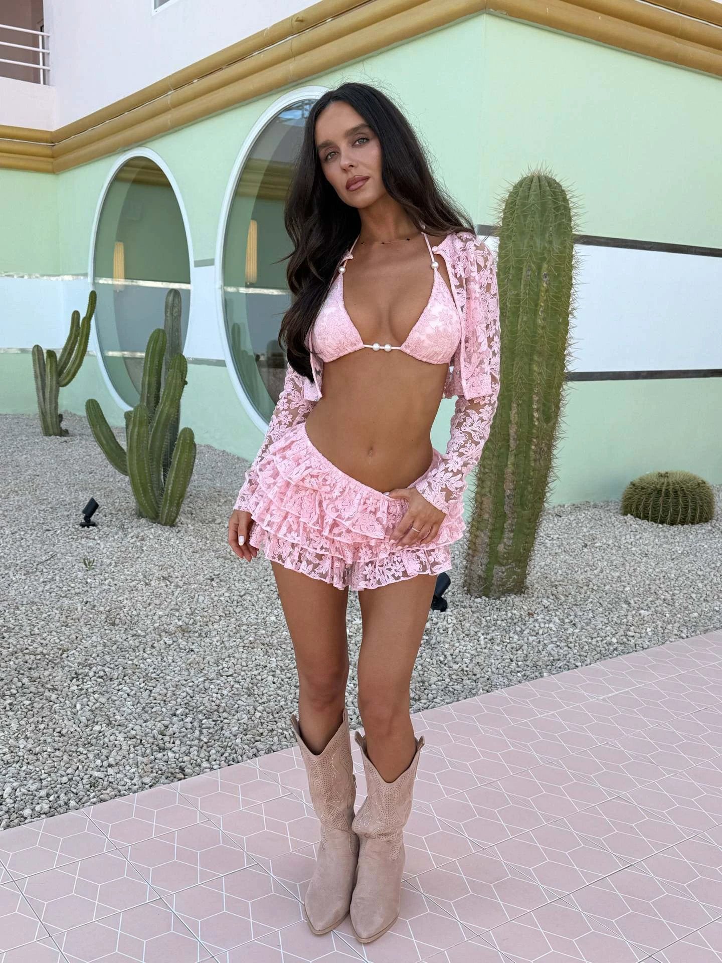 New Lace Mesh Coat Chest Cup Skirt Fashion Casual Three-piece Suit Women