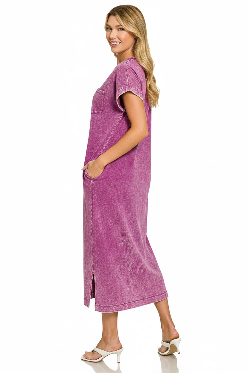 Zenana Washed Exposed Seam Maxi T-Shirt Dress | Plum Knit