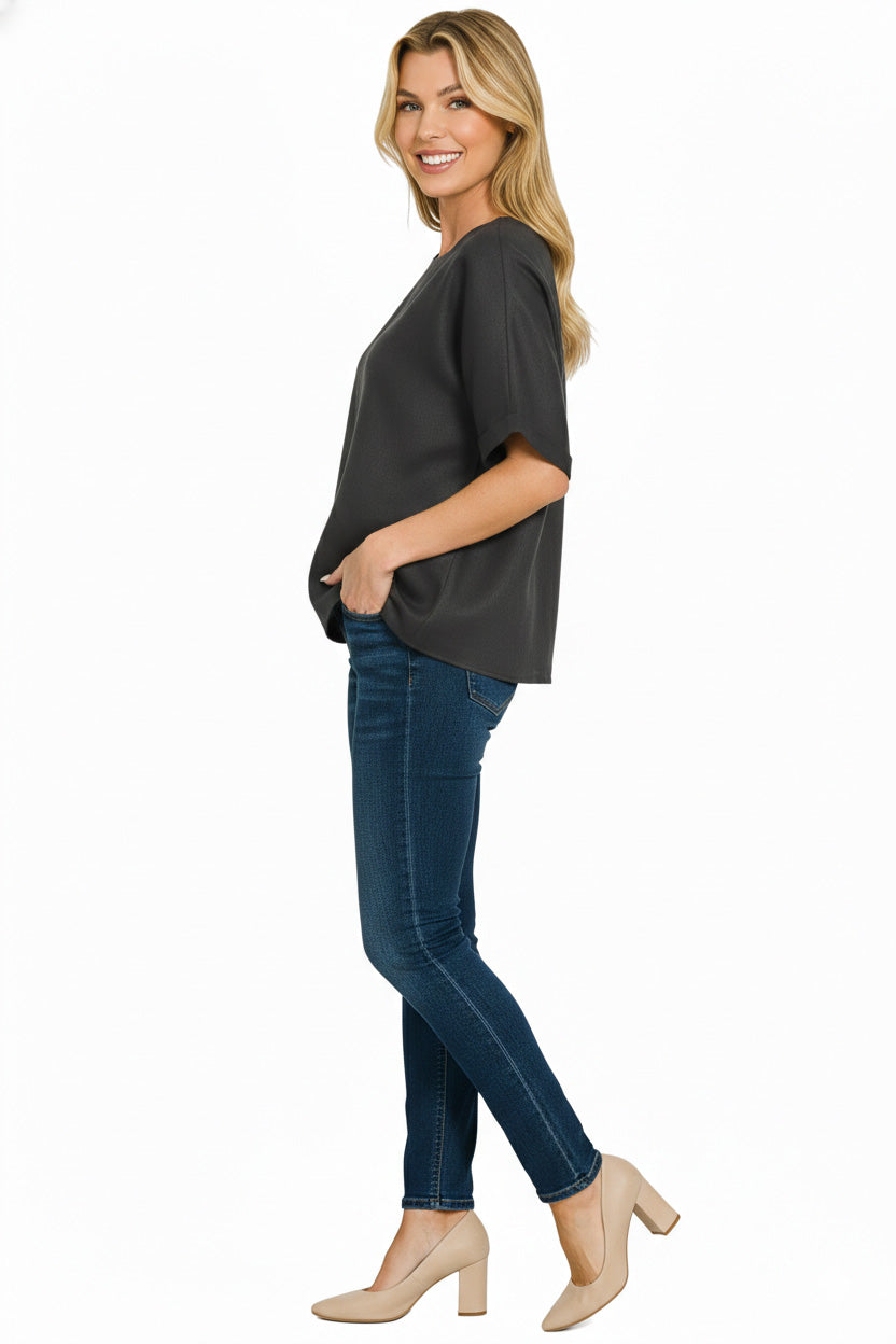 Women's Black Linen Round Neck Cuffed Sleeve Casual Top