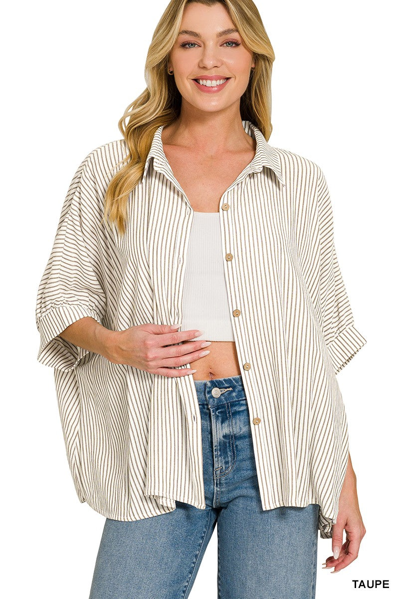 Zenana Woven Stripe Button Down Boxy Shirt | Rayon Blend