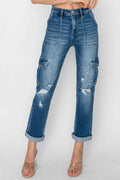 RISEN High Rise Cargo Straight Leg Jeans