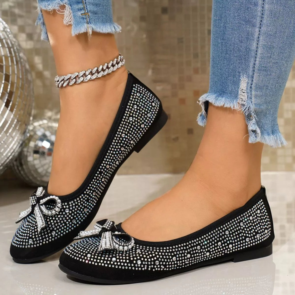 Rhinestone Bow Accent Slip-On Flats in Black and Gray