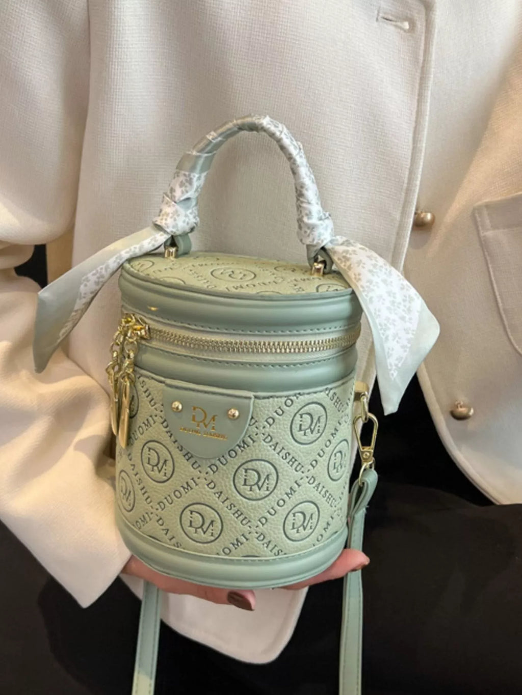 Sage Green Small Bucket Bag with Crossbody Strap and Silk Scarf