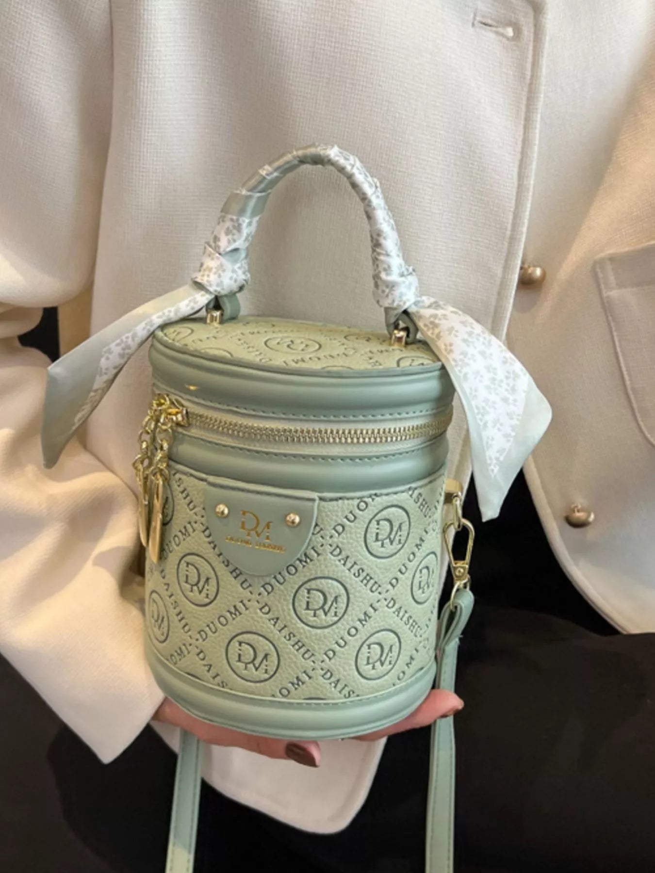 Sage Green Small Bucket Bag with Crossbody Strap and Silk Scarf