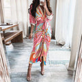 Mandotos European And American Print Long Sleeve Laceup Button Front Shirt Dress