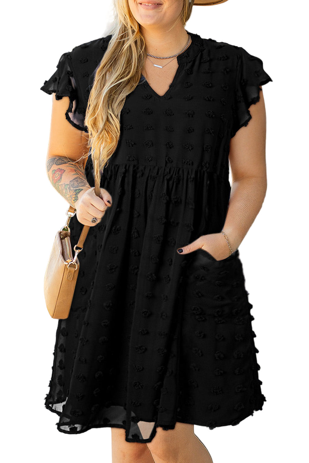 Black Dotty Textured Notched Neck Plus Ruffled Dress